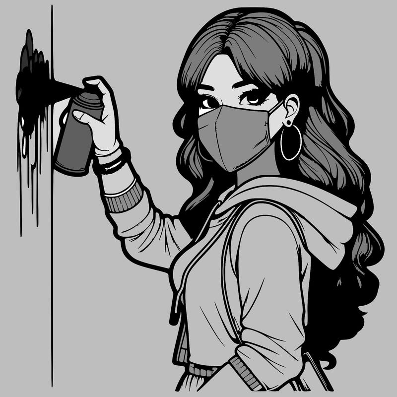 realistic girl with mask spray painting a wall