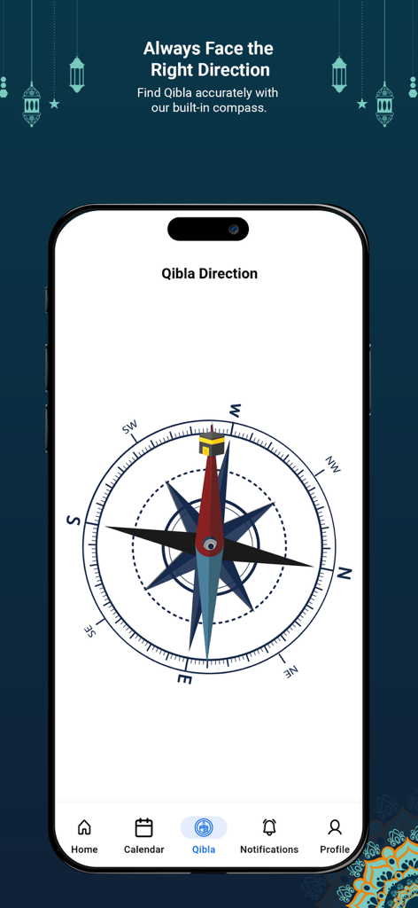 Salah Mate - Salah Mateアプリのインターフェース。カアバを見つけるためのキブラ方向コンパスが表示されています。