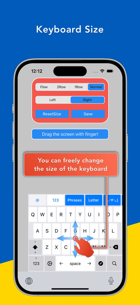 Bear - AI Keyboard - User interface showing the option to resize and reposition the Bear AI keyboard on a mobile device.