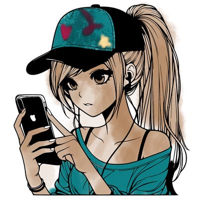 realistic girl with a long ponytail and trucker hat holding an iphone