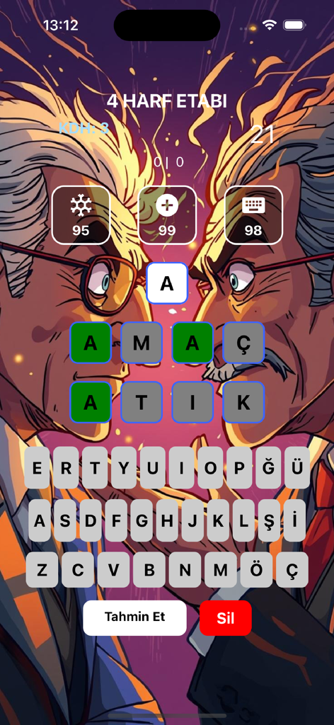By Word - Competitive online match screen in the By Word app with a 4-letter word puzzle and power-up icons.