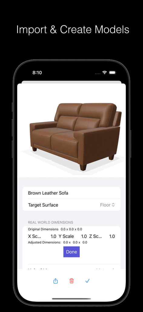 Room Genie 6D Design Simulator - Mobile app interface of Room Genie showing a 3D brown leather sofa model with dimension and scaling options