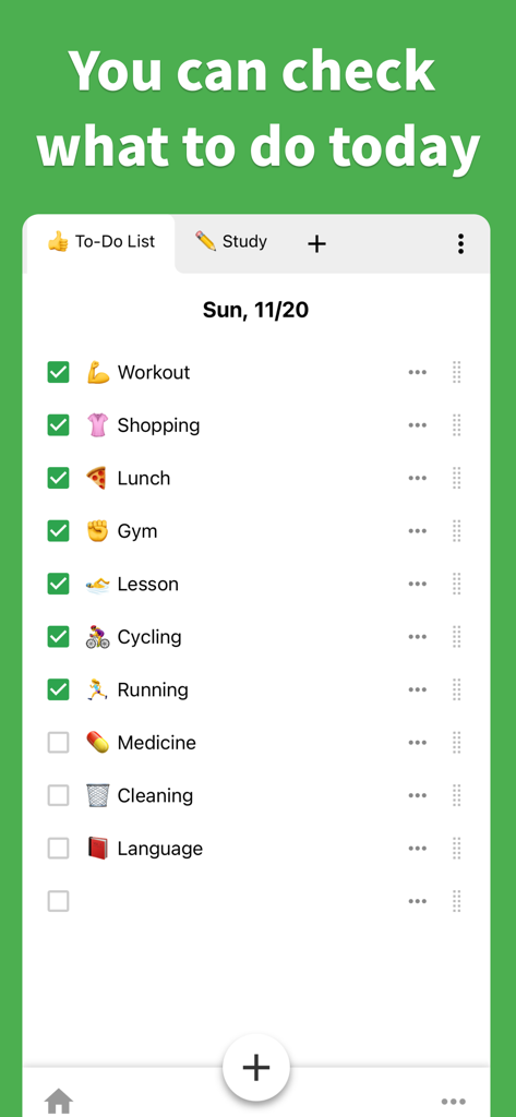 Interface of the Daily Checklist app showing a to-do list with emojis and category tabs.
