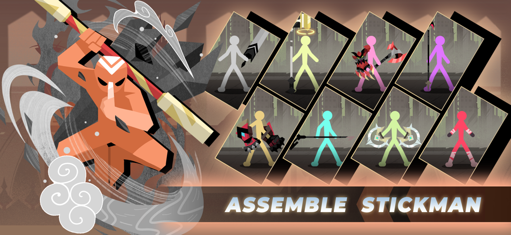 Stickman vs Monster: Idle RPG - Un'interfaccia che mostra una varietà di eroi stickman colorati da collezionare e assemblare per la battaglia in Stickman vs Monster Idle RPG