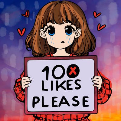 a girl holding a sign saying 100 likes please