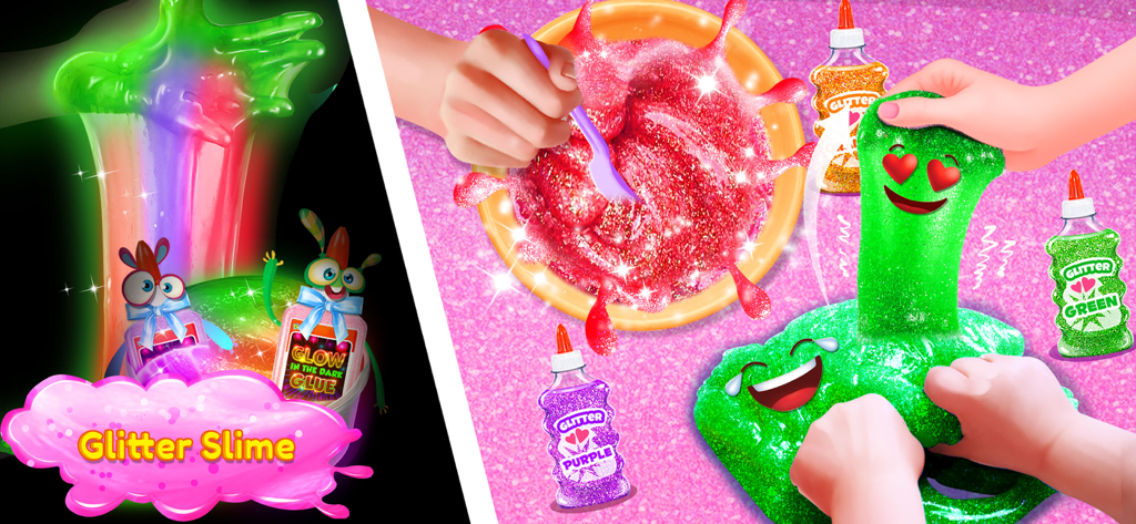 Fluffy Slime DIY Maker - Um jogo DIY virtual para crianças mostrando o processo de misturar e esticar slime colorido com glitter