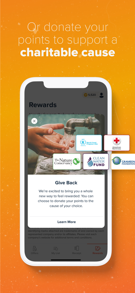 Merryfield app interface showing the Give Back feature where users can donate their earned reward points to charities like the American Red Cross and The Nature Conservancy