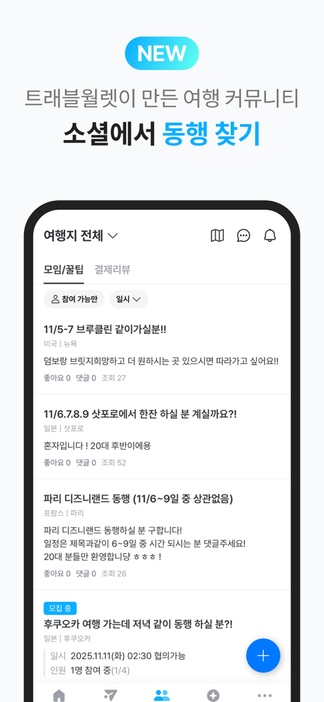 Travel Wallet app screen showing the social community feature for finding travel companions and mates for international trips.