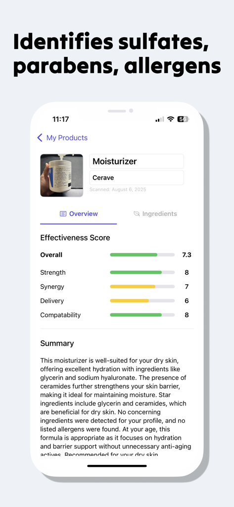 Skincare Scan - Sana - 사나 스킨케어 앱 인터페이스가 제품 효능 점수와 성분 요약을 보여줍니다.