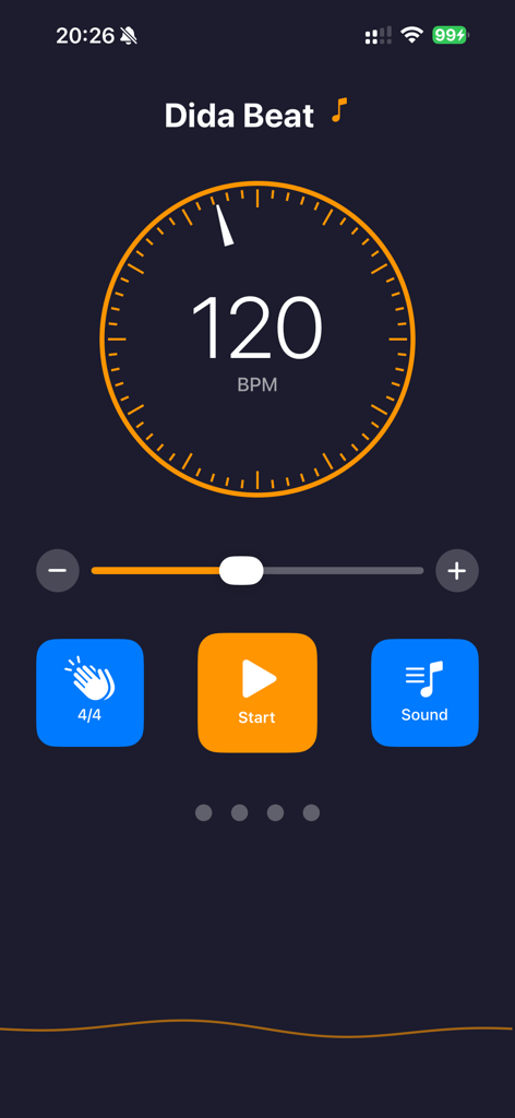 嘀嗒拍 - Dida Beat professional metronome app interface with a circular 120 BPM dial and dark mode design.