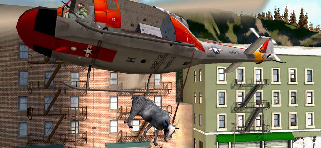 Goat Simulator: Pocket Edition - A goat dangling from a rescue helicopter over a city street