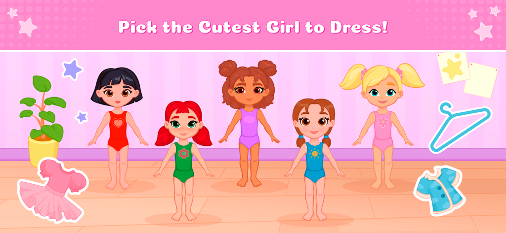 Dress Up Games for Kids: Girls - Pantalla de selección de personajes con cinco chicas lindas y diversas en un juego de vestir para niños