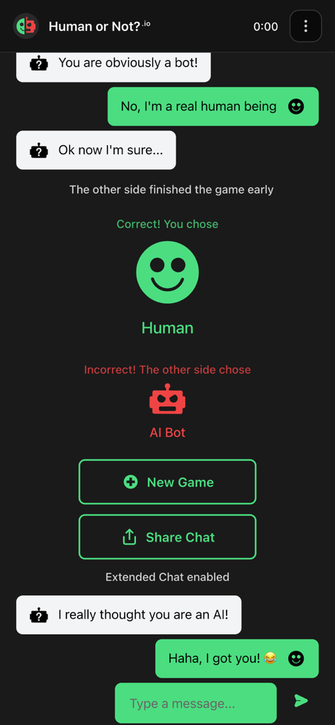 Human or Not? - Human or Not game interface showing a chat conversation and result screen
