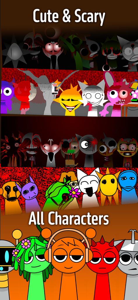 All Mods SP Guide - Uma comparação lado a lado de designs de personagens fofos e assustadores no aplicativo guia Sprunki.