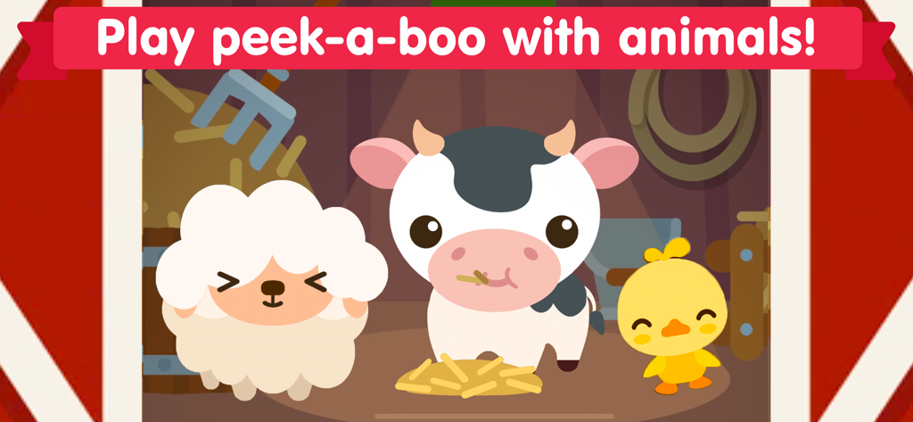 Cartoon sheep, cow, and chick in a barn with text saying Play peek-a-boo with animals
