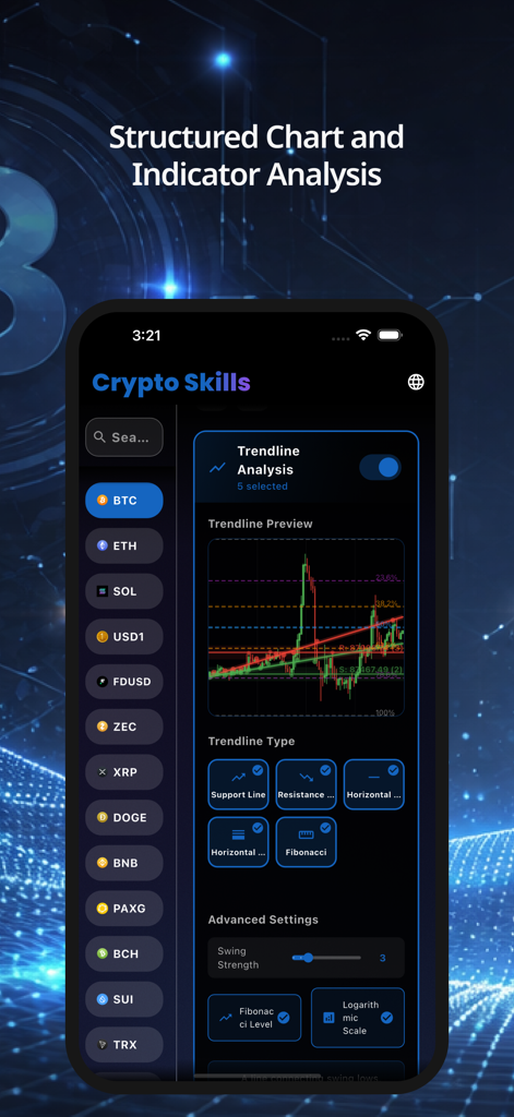 Crypto Skills: AI Signal - Crypto Skills app trendline analysis screen with structured charts and technical indicators for crypto trading.