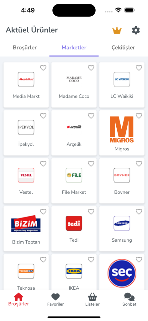 Aktüel Ürünler - Tüm Marketler - Mobile app screen showing a grid of Turkish retailer logos including Migros, IKEA, and Arcelik