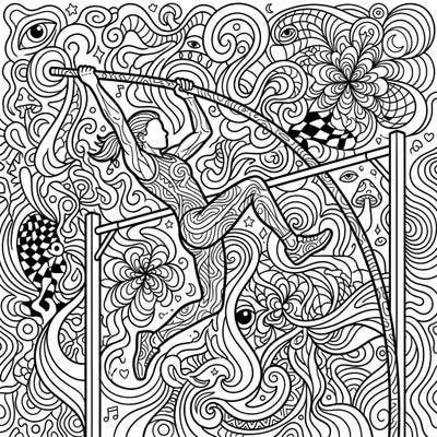 Experience the thrill of pole vaulting through a mesmerizing psychedelic lens. This intricate page blends athletic prowess with surreal patterns, offering a uniquely vibrant coloring adventure.