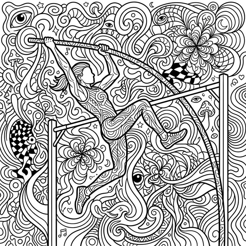 Experience the thrill of pole vaulting through a mesmerizing psychedelic lens. This intricate page blends athletic prowess with surreal patterns, offering a uniquely vibrant coloring adventure.