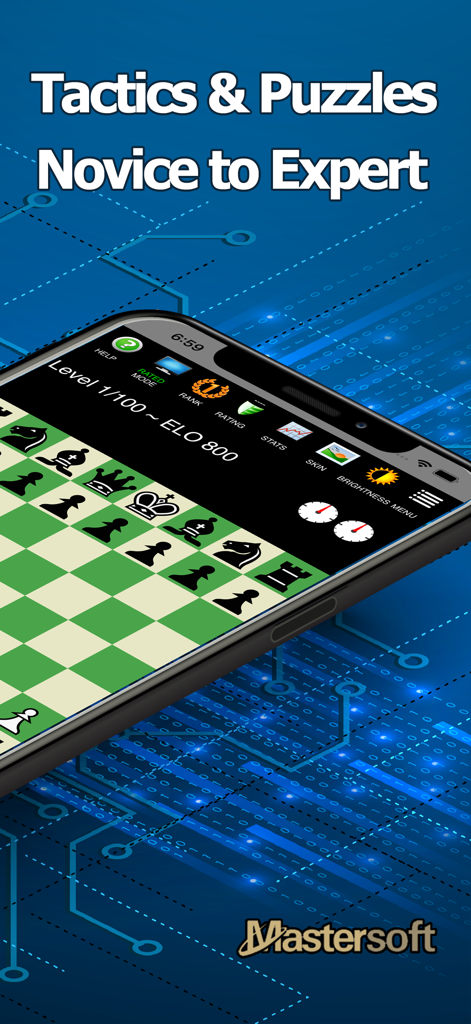 Pantalla de smartphone que muestra la interfaz de la aplicación Chess Pro con un tablero de ajedrez y estadísticas del juego para tácticas y rompecabezas.