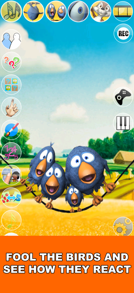 Talking Birds On A Wire - Four cartoon blue birds sitting on a wire with various mini game icons in the Talking Birds On A Wire app interface