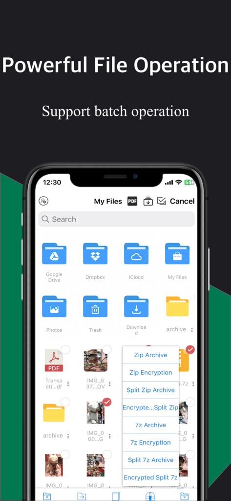Pantalla de iPhone mostrando una aplicación de gestión de archivos con carpetas de almacenamiento en la nube y un menú de compresión para archivos ZIP y 7Z.