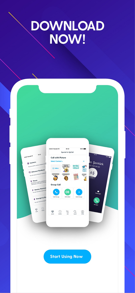 Promotion for the UpCall app highlighting its caller identification and call personalization features