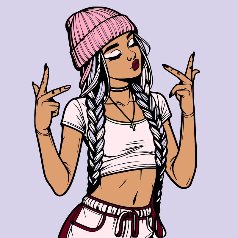 realistic teenage girl with braids and a beanie and crop top doing 🫶🏼