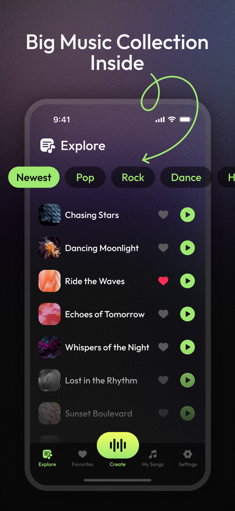 Bach - AI Music Generator - Bach AI Music Generator explore screen showing various music tracks and genre categories like Rock and Pop