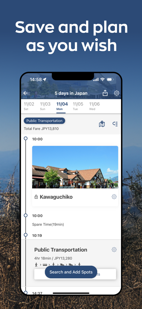 Japan Travel - Smart Transit - A smartphone displaying a travel itinerary for Japan including destination details for Kawaguchiko and public transportation costs