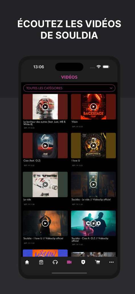 Souldia - Official App - Una galería de videos dentro de la app oficial de Souldia con una cuadrícula de videos musicales y contenido exclusivo para fans.