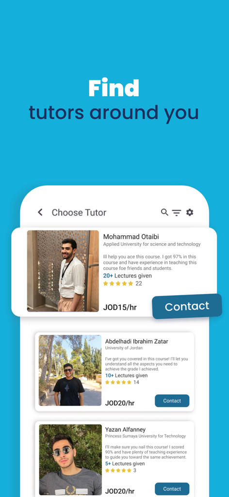 NoNerds - NoNerds app interface showing a list of student tutors with their profiles ratings and hourly rates