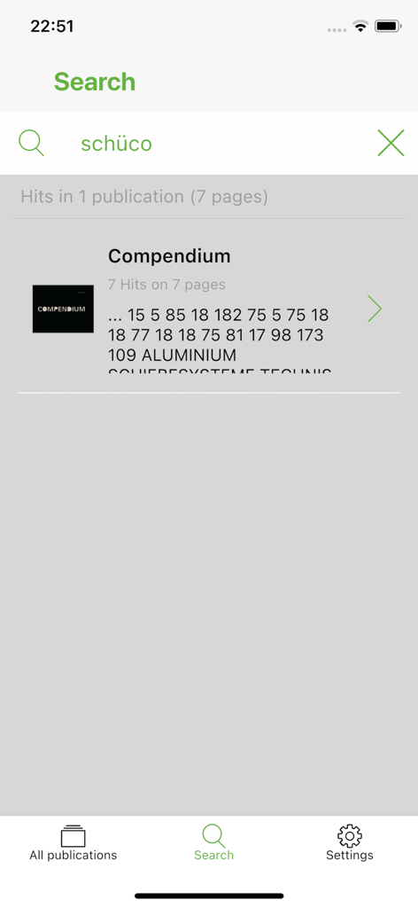 Docu Center - Suchoberfläche der Schueco Docu Center App, die Suchergebnisse technischer Dokumentationen anzeigt.