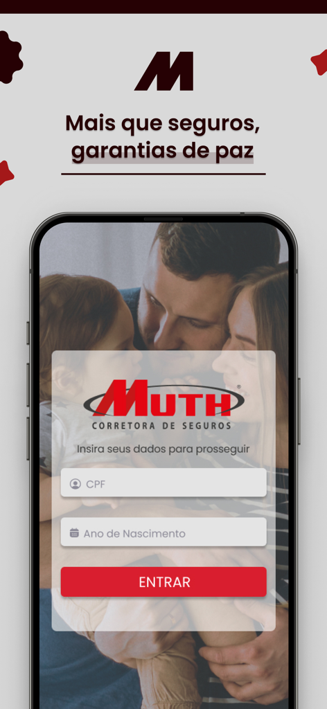 Pantalla de inicio de sesión de la aplicación móvil Muth Corretora con fondo familiar y campos para CPF y año de nacimiento