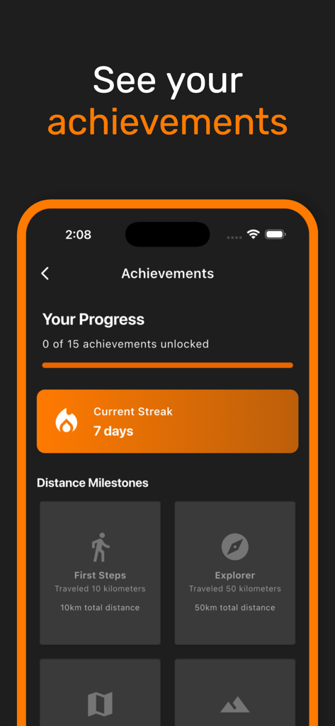 orRound - Journey Tracker - Erfolgs-Dashboard in der orRound-App zeigt einen siebentägigen Streak und Meilensteine wie Erste Schritte und Entdecker