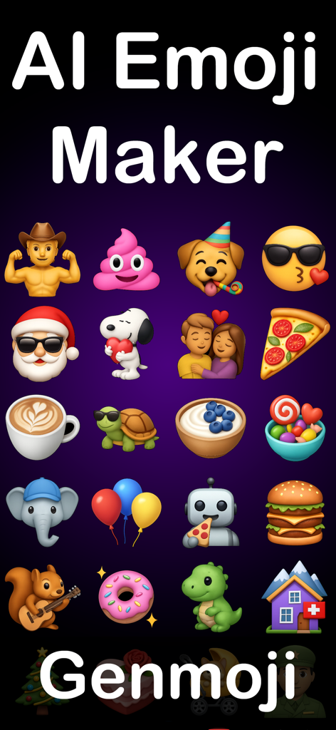 Gemoji: AI Emoji Maker - 2026 - Un affichage sous forme de grille d'emojis et d'autocollants personnalisés générés par IA, comprenant des personnages d'animaux et des aliments.