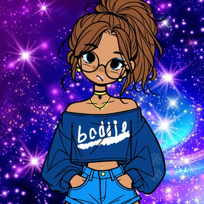 girl with a messy ponytail glasses a baggy crop top and jean shorts