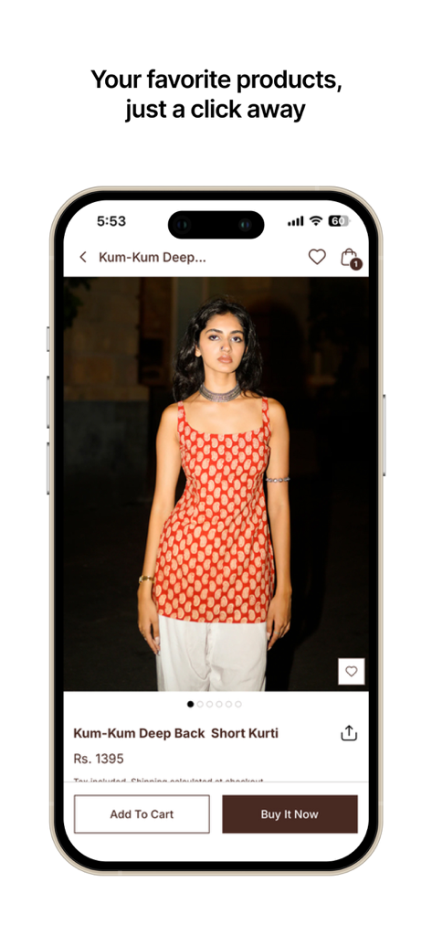 Nishorama - A mobile app screenshot of Nishorama showing a red printed short kurti with options to add to cart or buy now.