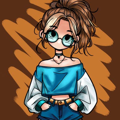 girl with a messy ponytail glasses a baggy crop top and jean shorts