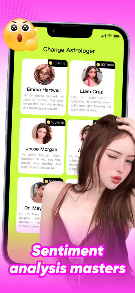 Zanu - Captura de pantalla de la aplicación Zanu que muestra una lista de perfiles de analistas de IA bajo el encabezado Cambiar Astrólogo con el texto Maestros de análisis de sentimiento.