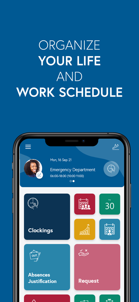 SISQUAL WFM - Interface do aplicativo móvel SISQUAL WFM mostrando um painel para organizar cronogramas de trabalho com recursos como registros de ponto e justificativa de ausência
