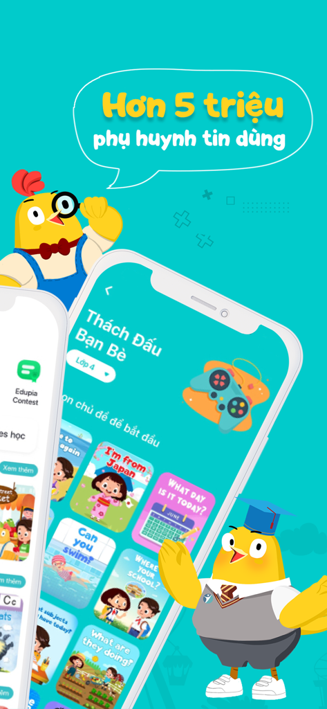 Interfaz de la aplicación móvil Edupia Kid que muestra mosaicos de lecciones de inglés para niños y texto en vietnamita indicando que 5 millones de padres confían en la aplicación