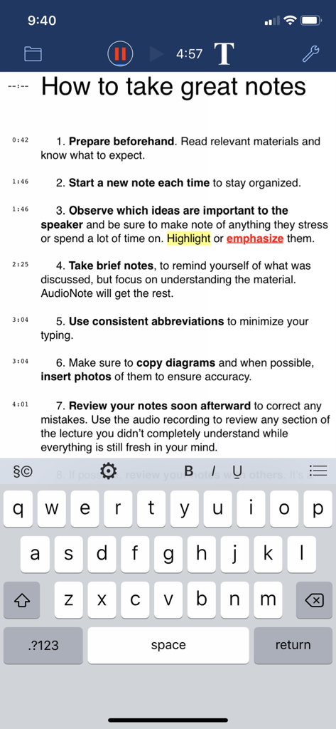 AudioNote™ - AudioNote app interface on iPhone showing typed notes synchronized with a live audio recording and timestamps