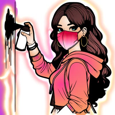 realistic girl with mask spray painting a wall