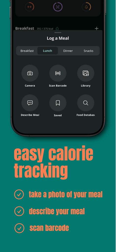 nom - eat better - Easy calorie tracking options in the nom eat better app including meal photos and barcode scanning.