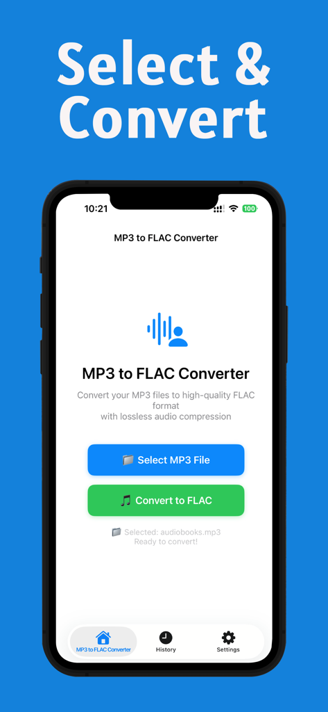 Mp3 to Flac Conversion - MP3からFLACへの変換アプリのメインインターフェース。ファイルを選択して変換を開始するボタンが表示されています。