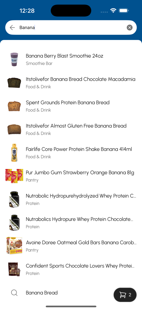 Body Energy Club Canada - Resultados de búsqueda de productos saludables sabor plátano en la aplicación.