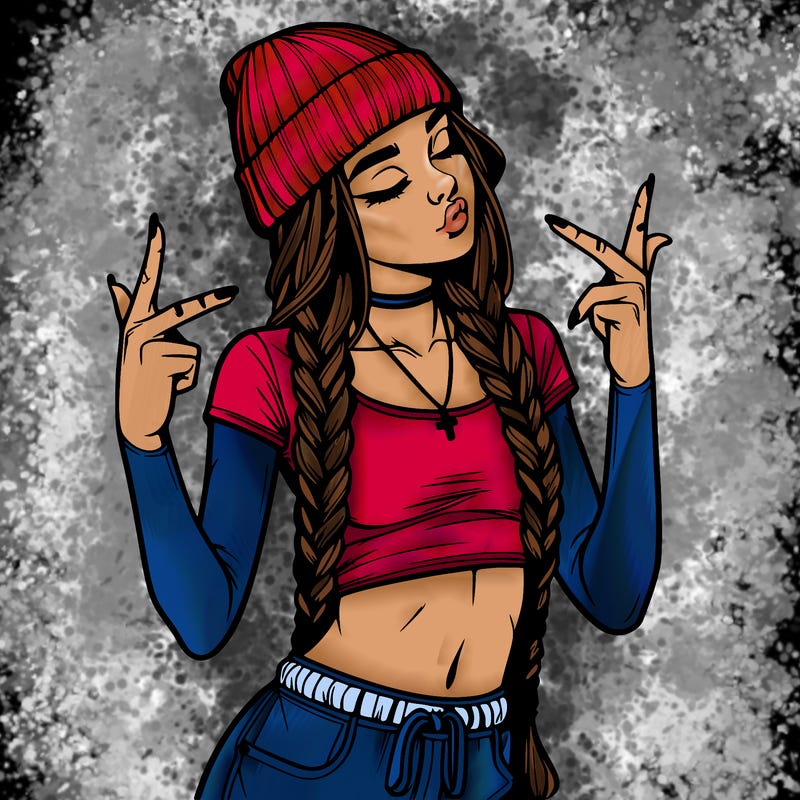 realistic teenage girl with braids and a beanie and crop top doing 🫶🏼