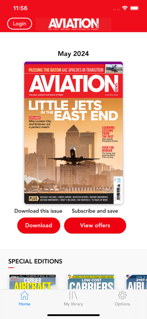 Aviation News Magazine - Home screen of the Aviation News Magazine app displaying the May 2024 digital issue cover and special edition magazines