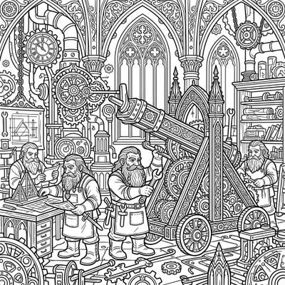 Step into a world where masterful dwarf engineers craft incredible machines amidst gothic splendor. This intricate coloring page invites you to bring their steampunk-inspired workshop to life with your favorite colors.